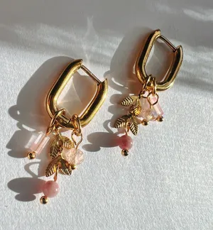 Gold hoop earrings with removable pink charms thumbnail 1