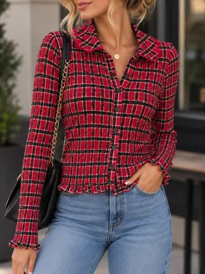 NWT Free People Red Plaid Smocked Button-Front Long Sleeve Top (Size XS) thumbnail 1
