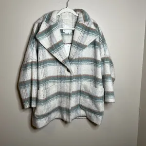 Anthropologie Womens‎ White Green Elsa Plaid Collared Long Sleeve Coat Size M thumbnail 2