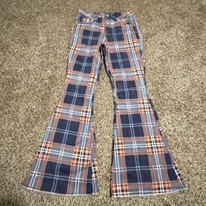 Madden Girl Womens Plaid Flare Jeans Navy Orange Bell Bottom Raw Hem Size 28 thumbnail 1