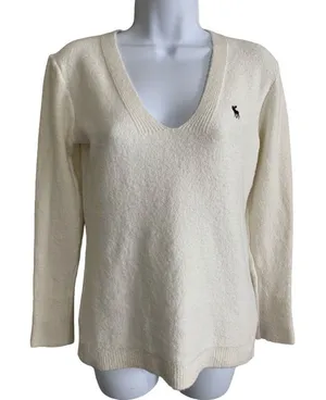 Vintage Abercrombie‎ & Fitch Womens V-Neck Ivory Pullover Small Solid Logo thumbnail 1