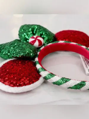 Disney Minnie Mouse ear Christmas headband -red sequin ears + green sequin bow thumbnail 2