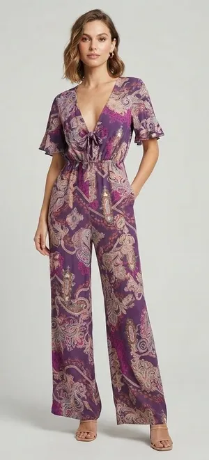 Pia Colors Womens Jumpsuit S Purple Paisley V-Neck Flutter Sleeve Wide Leg thumbnail 1