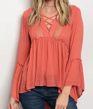 Coral Boho Crochet Lace Up V Neck Bell Sleeve Babydoll Hi Low Top Blouse Size S thumbnail 1