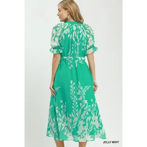 Umgee Floral Print Tie Waist Midi Dress with Side Pockets - Jelly Mint - Small thumbnail 3