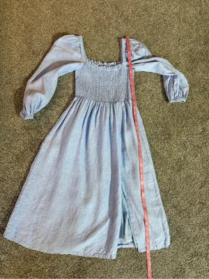 J.Crew Linen Daydream Dress Blue Smocked Puff Sleeve Midi Size S thumbnail 6
