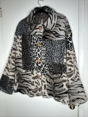 IZZI Outerwear Statement Cozy Sherpa Jacket Animal Print Patchwork Coat Button L Brown Size L thumbnail 1