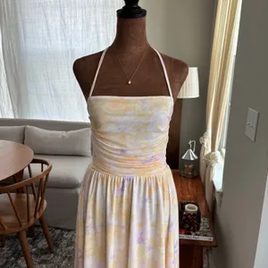 Pastel Watercolor Floral Mesh Halter Midi Dress Ruched Summer Girly Whimsy Small thumbnail 4