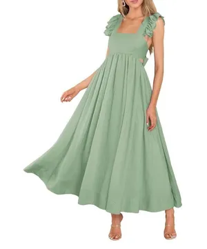 NEW Flutter Sleeve Square Neck Tie Back A-Line Maxi Dress Pocket XL thumbnail 1