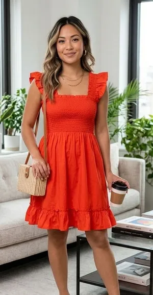 NWOT Quince Organic Cotton Smocked Mini Dress Womens S Orange Red Sleeveless thumbnail 1