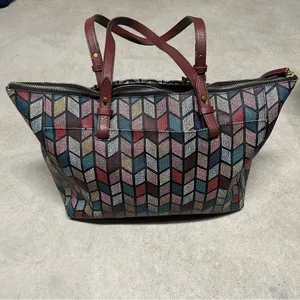 Fossil Women's Rachel Large Tote Bag Multicolor Chevron Zipper Top thumbnail 3