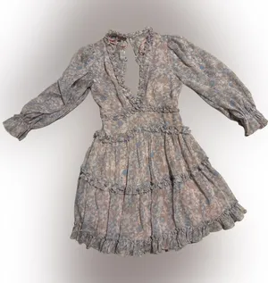 Aura Floral Tiered Long-Sleeve Mini Dress in Dusty Blue and Mauve thumbnail 1