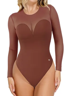 NWT Popilush Brown Long Sleeve Mesh Shapewear Bodysuit Tummy Control Large thumbnail 1