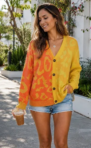 Miss Sparkling Colorblock Leopard Animal Print Oversized Cardigan Sweater Orange thumbnail 1