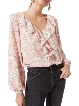 ASTR The Label Pink Floral Ruffle‎ Blouse Button Blush Going Out Business Casual thumbnail 1