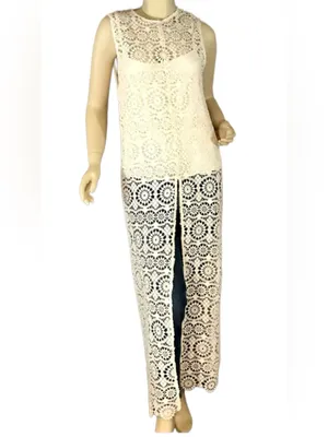 Alice + Olivia Off White Crochet Lace "Gretchen" Maxi Tunic And Cami (M) thumbnail 2