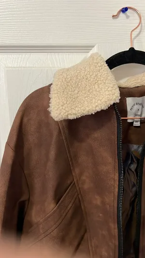 Dark brown faux-leather shearling collar aviator jacket thumbnail 3