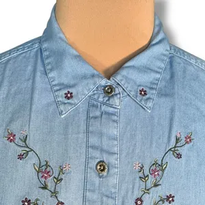 Vintage 90s‎ Embroidered Chambray Denim Shirt Button Down Floral Long Sleeve thumbnail 6
