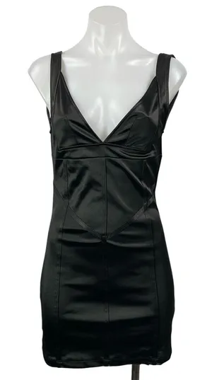 NEW Motel Black Satin Sleeveless Open Back Plunge V-neck Mini Bodycon Dress Sz M thumbnail 1