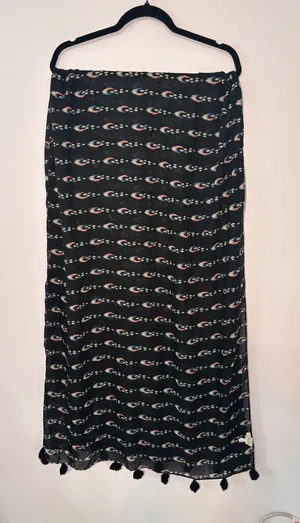 Aerie Womens Scarf One Size Black Ikat Print Tassel‎ Trim Boho Eclectic Wrap thumbnail 1