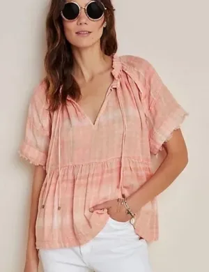 Anthropologie Pilcro‎ peach Plaid Top With Raw Edge babydoll | Size XS thumbnail 1