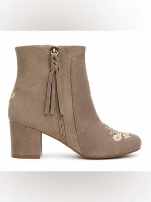 Tom’s Embroidered Floral Ankle Booties Taupe Suede Canvas Block Heel Size 9 thumbnail 3