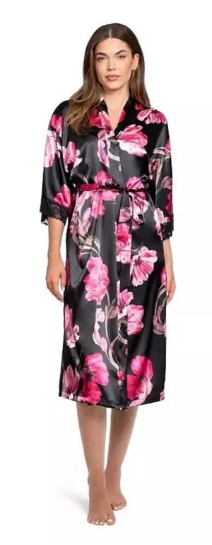 NWT Women's Lilac + London Floral Print Pink and Black Midi Wrap Robe L thumbnail 1