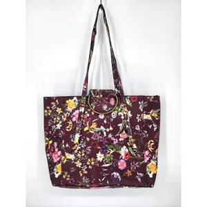 Burgundy Floral Vinyl Tote Bag Gold Ring Detail Large Work Purse 18x12x6 thumbnail 8