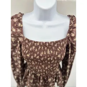 Dizzy Lizzy Smocked Peplum Floral Blouse XS Brown Boho Cottagecore Puff Sleeve thumbnail 5