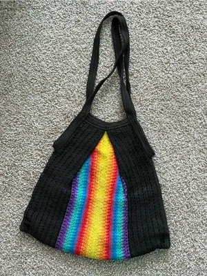 Vintage Rainbow Colorful Woven Shoulder Bag Black Bohemian Pride Hobo Tote thumbnail 7