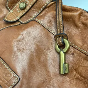 FOSSIL Brown Leather Stitched Adjustable Strap  Paisley Lined Shoulder Bag Boho thumbnail 3