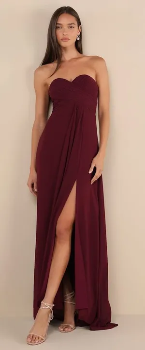 NWT Lulus Splendid Aura Plum Purple Chiffon Pleated Strapless Maxi Dress Size S thumbnail 1
