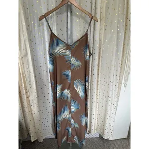 Papermoon Hawaiian Tropical Palm Leaves Mocha Midi Side Slits Slip Dress L thumbnail 3