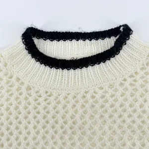 Elan Womens Cream Mock Neck Open Knit Sweater Black Stripe Cuff‎ Detail Medium thumbnail 3