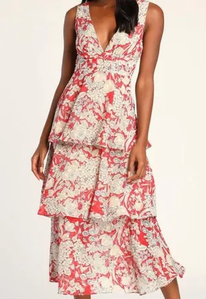 Tier Comes The Sun Red Floral Print Midi Dress thumbnail 1