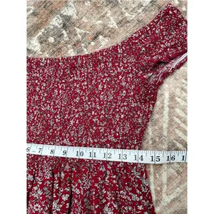 Cottagecore Boho Off Shoulder smocked Floral Maxi Dress Beach Slit Red white M/L thumbnail 11