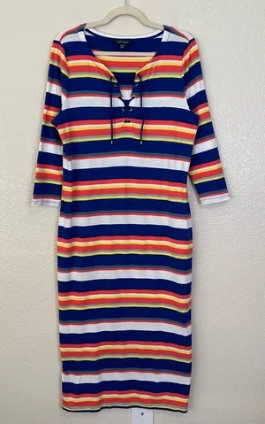 Lauren Ralph Lauren Multi Striped Lace Up 3/4 Sleeves Midi Dress, Size XL thumbnail 1