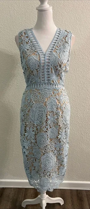 Aqua Light Blue Floral Lace Midi Dress thumbnail 1
