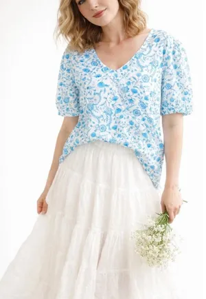 Draper‎ James XXL V-Neck Puff Sleeve Floral Top Blue Paisley Cotton Blouse NWOT thumbnail 1