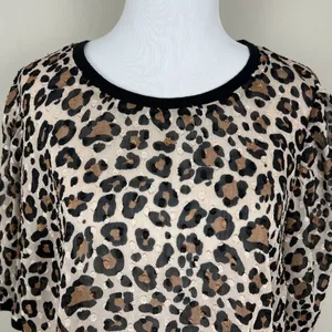 A New Day Top Womens Large Leopard Animal Print‎ Short Sleeve Sheer Blouse L thumbnail 3