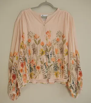 DR2 Daniel Rainn XXL Floral Button Front Blouse Pink Wildflower Balloon Sleeve thumbnail 1