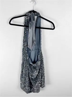 SELFIE LESLIE Gray Sequins Halter Top Low Back Mini Dress Medium Party Date Boho thumbnail 2