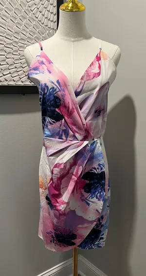NLW Sleeveless Floral Wrap-Style Mini Dress - Pink & Blue thumbnail 1