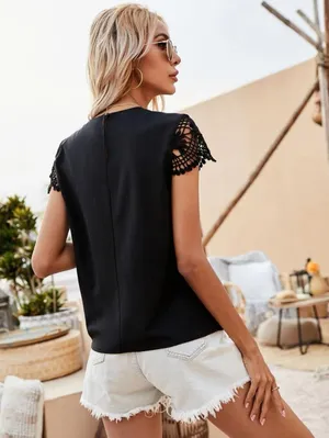 Black V-Neck Blouse With Lace Cap Sleeves thumbnail 6
