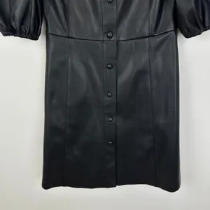 Lime Faux Leather Mini Dress Black Minimalist A Line Puff Sleeve Collared XS thumbnail 7