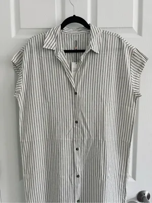 Calia Swim Coverup Dress Yucatan Stripe Ivory Linen Blend Button Down NWT Medium thumbnail 5