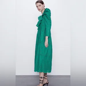 ZARA Broderie‎ Anglaise Cutwork Embroidered Eyelet Ruffle Midi Dress Green Sz XS thumbnail 9