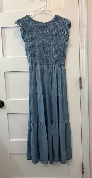 Blue Maxi Dress Ruffle Sleeves Sinched Top thumbnail 1