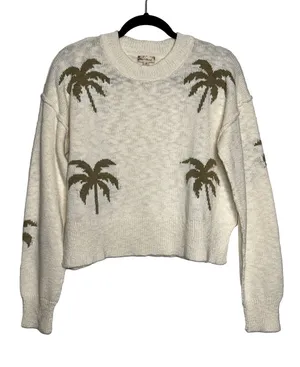 hem & thread Palm Tree Knit Sweater Medium Cotton Cream Olive Green Crew Neck thumbnail 1