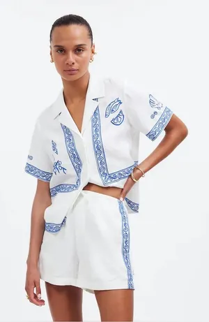 Lisa Says Gah! Linen Madewell Embroidered Button-Front Shirt short sleeve top thumbnail 1